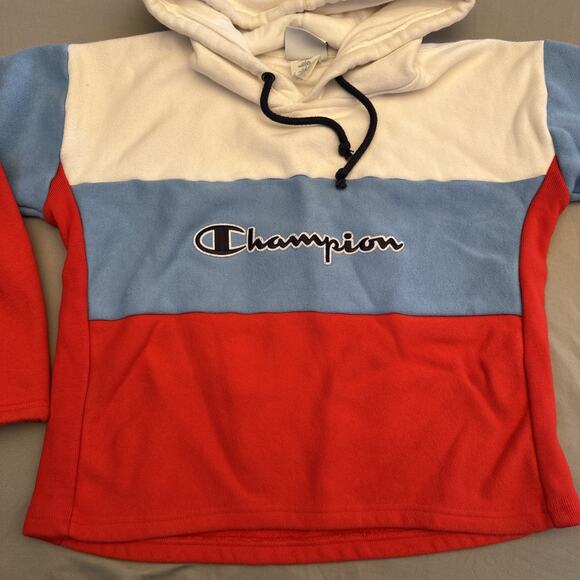 Champion Sweater Womens Medium Blue Red Reverse Weave Hooded Retro Split Sleeves - Picture 8 of 13